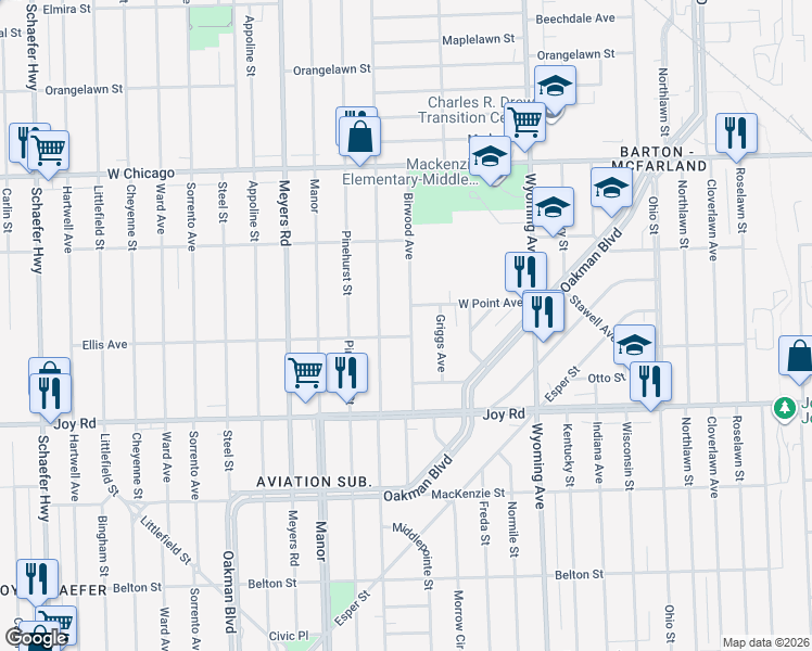 map of restaurants, bars, coffee shops, grocery stores, and more near 9117 Birwood Street in Detroit