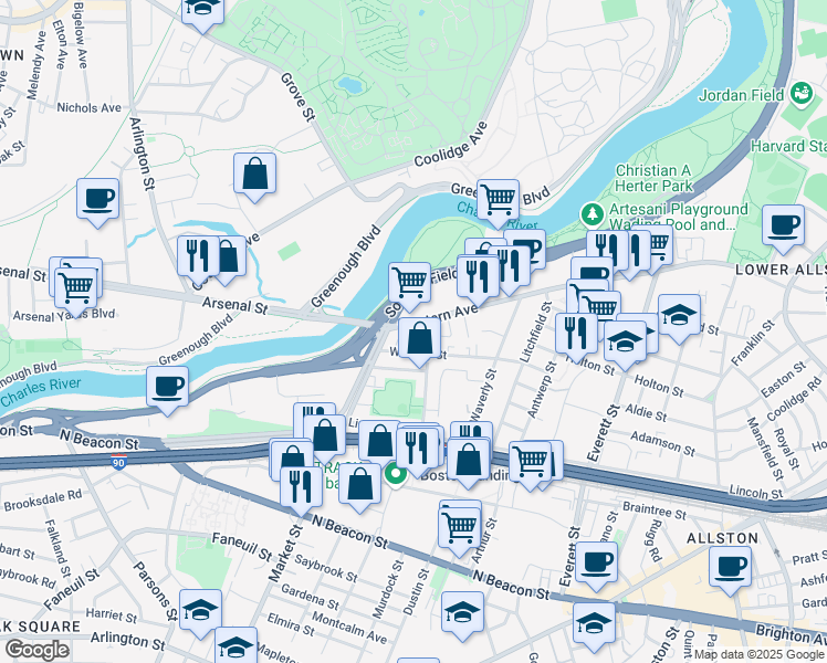 map of restaurants, bars, coffee shops, grocery stores, and more near 516-522 Western Avenue in Boston