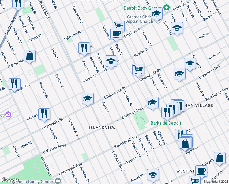 map of restaurants, bars, coffee shops, grocery stores, and more near 2901 Townsend Street in Detroit