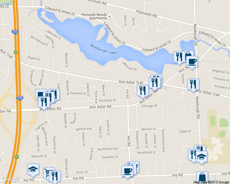 map of restaurants, bars, coffee shops, grocery stores, and more near 38543 Orangelawn St in Livonia