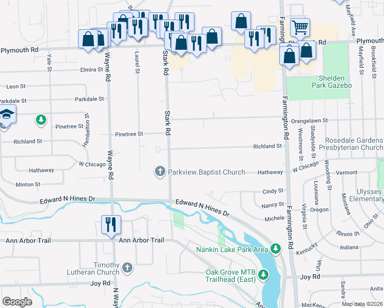 map of restaurants, bars, coffee shops, grocery stores, and more near 34255 Richland Street in Livonia
