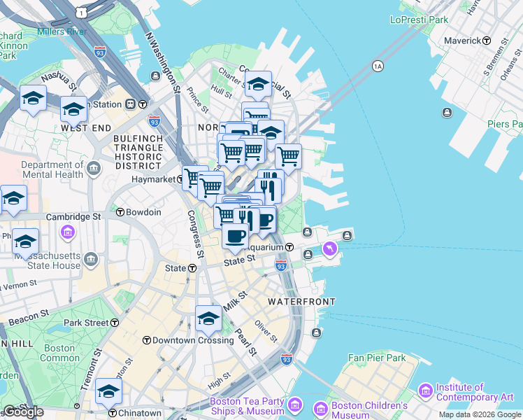 map of restaurants, bars, coffee shops, grocery stores, and more near 74-76 Commercial Street in Boston