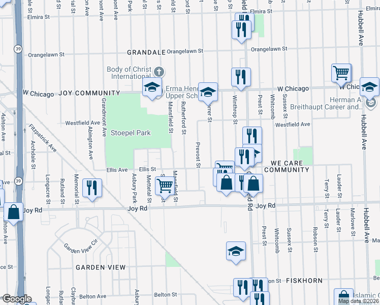 map of restaurants, bars, coffee shops, grocery stores, and more near 9150 Rutherford Street in Detroit