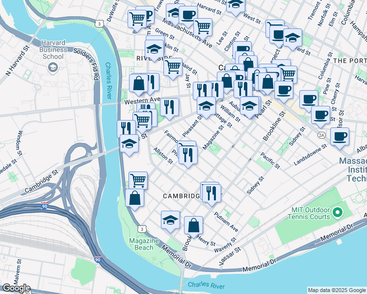 map of restaurants, bars, coffee shops, grocery stores, and more near 23 Fairmont Street in Cambridge
