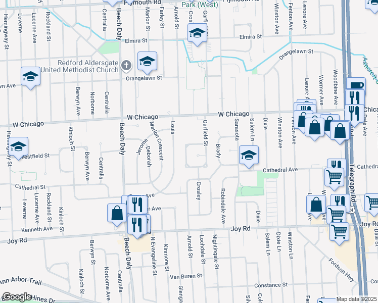 map of restaurants, bars, coffee shops, grocery stores, and more near 9174 Arnold in Redford Charter Township