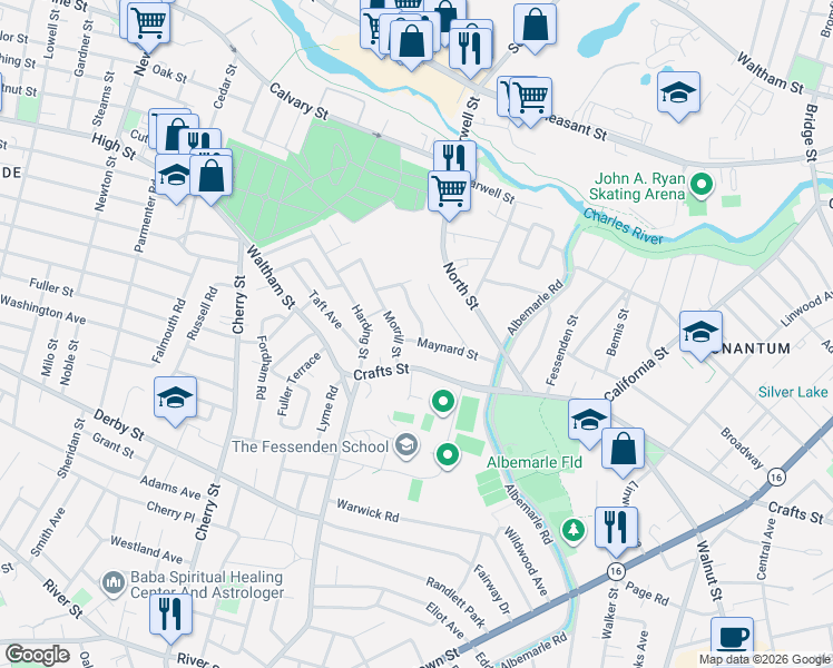 map of restaurants, bars, coffee shops, grocery stores, and more near 69 Maynard Street in Newton