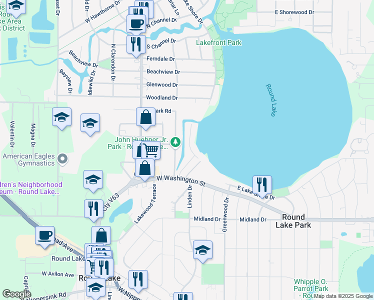 map of restaurants, bars, coffee shops, grocery stores, and more near 714 North Lakeview Drive in Round Lake