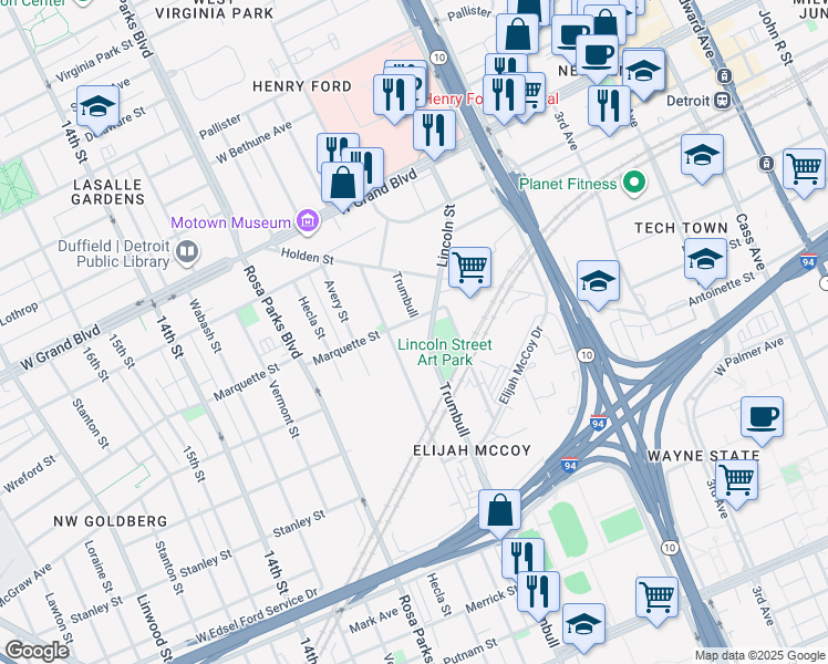map of restaurants, bars, coffee shops, grocery stores, and more near 6098 Commonwealth Street in Detroit