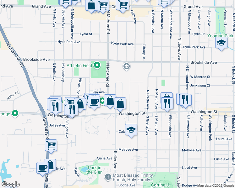 map of restaurants, bars, coffee shops, grocery stores, and more near 2541 Dunlay Court in Waukegan