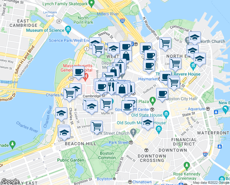map of restaurants, bars, coffee shops, grocery stores, and more near 141 Cambridge Street in Boston