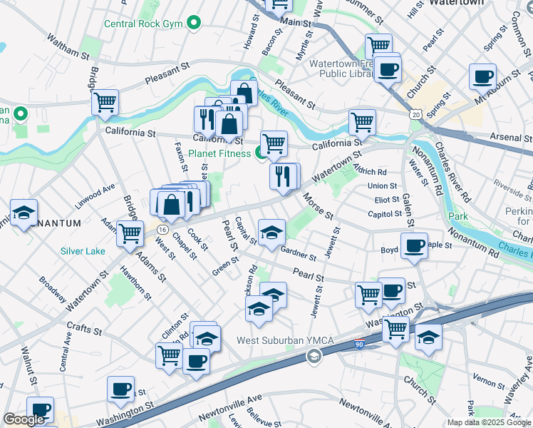 map of restaurants, bars, coffee shops, grocery stores, and more near 67 Pond Avenue in Newton