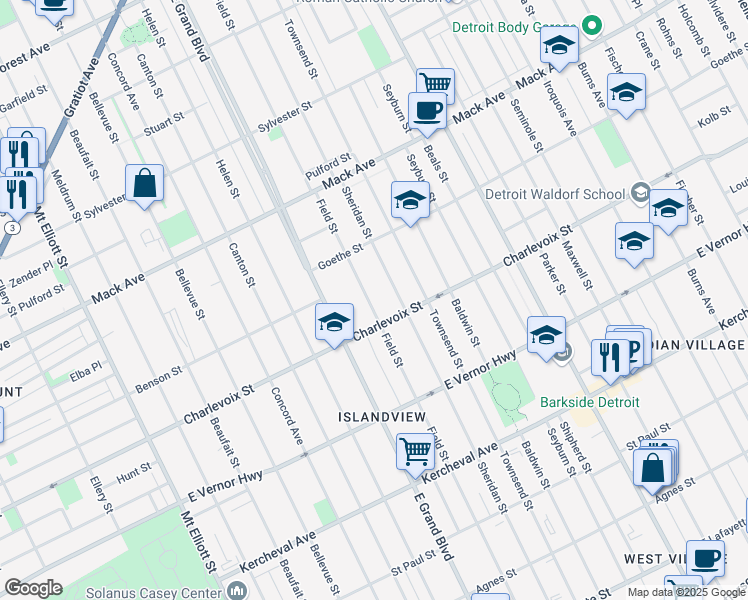 map of restaurants, bars, coffee shops, grocery stores, and more near 2950 Field Street in Detroit