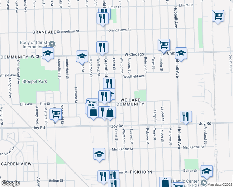map of restaurants, bars, coffee shops, grocery stores, and more near 9138 Prest Street in Detroit