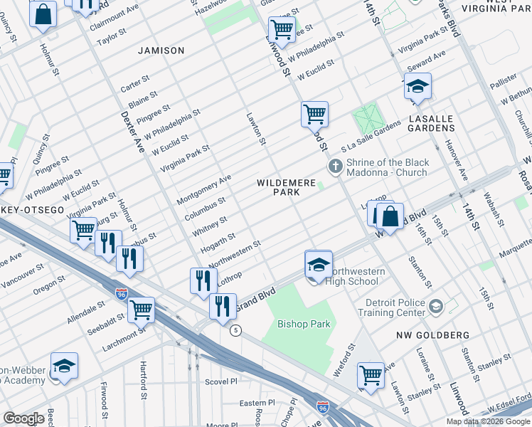 map of restaurants, bars, coffee shops, grocery stores, and more near 2984 Hogarth Street in Detroit