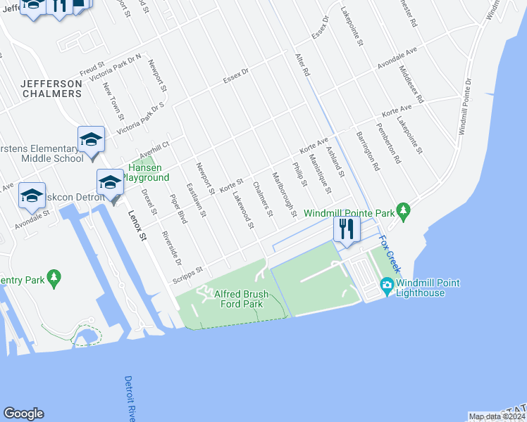 map of restaurants, bars, coffee shops, grocery stores, and more near 237 Chalmers Street in Detroit