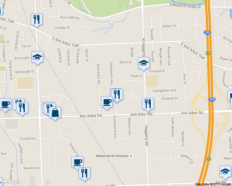 map of restaurants, bars, coffee shops, grocery stores, and more near 9670 Southworth Avenue in Plymouth