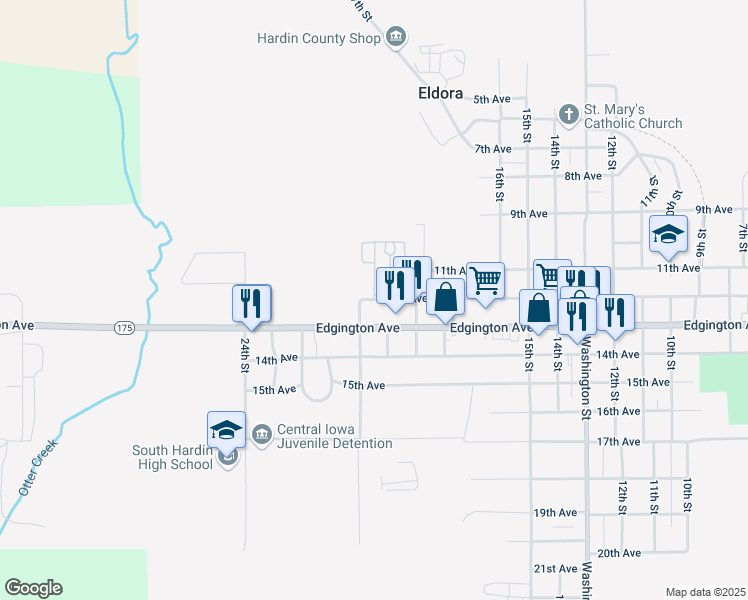 map of restaurants, bars, coffee shops, grocery stores, and more near 1201 21st Street in Eldora