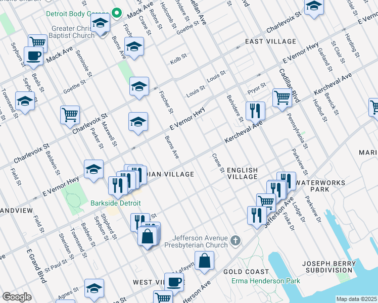 map of restaurants, bars, coffee shops, grocery stores, and more near 2133 Fischer Street in Detroit