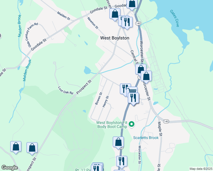 map of restaurants, bars, coffee shops, grocery stores, and more near 9 Bowen Street in West Boylston