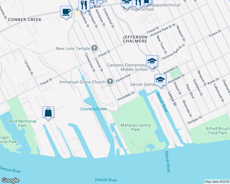 map of restaurants, bars, coffee shops, grocery stores, and more near 462 Conner Street in Detroit