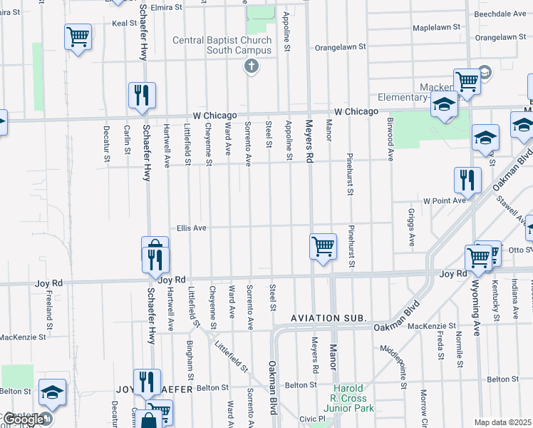 map of restaurants, bars, coffee shops, grocery stores, and more near 9131 Steel Street in Detroit