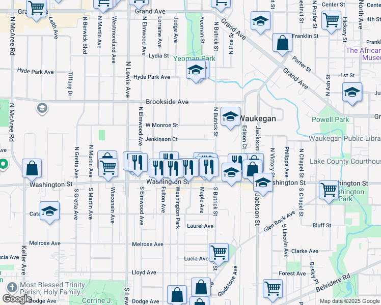 map of restaurants, bars, coffee shops, grocery stores, and more near 1518 West Cornelia Avenue in Waukegan