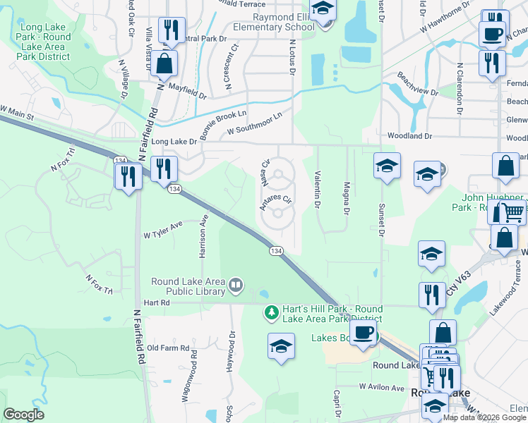 map of restaurants, bars, coffee shops, grocery stores, and more near 103 Antares Circle in Round Lake