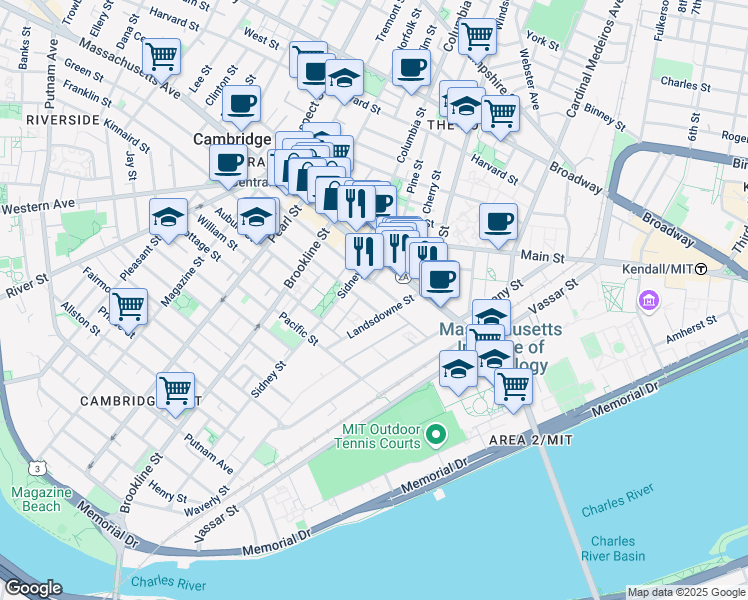 map of restaurants, bars, coffee shops, grocery stores, and more near 55 Franklin Street in Cambridge