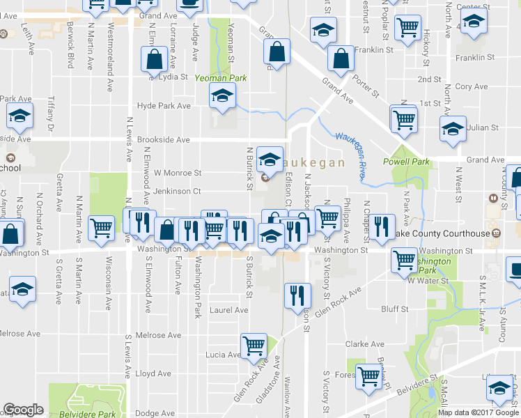 map of restaurants, bars, coffee shops, grocery stores, and more near 1318 West Cornelia Avenue in Waukegan