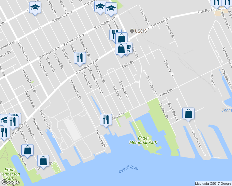 map of restaurants, bars, coffee shops, grocery stores, and more near 585 Lemay Street in Detroit