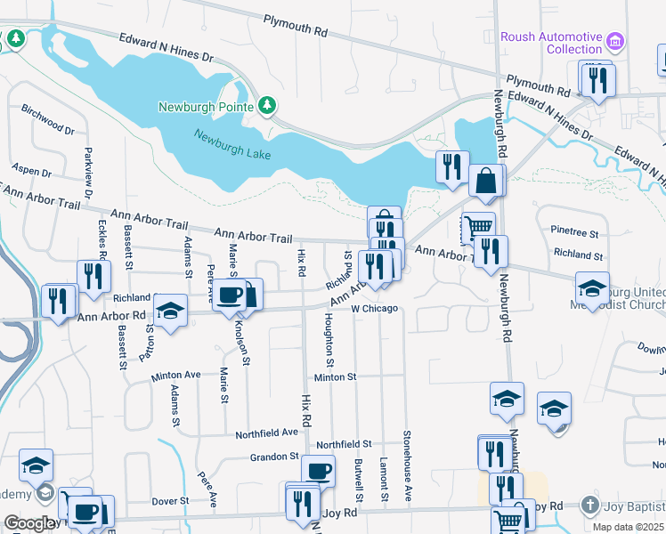 map of restaurants, bars, coffee shops, grocery stores, and more near 9746 Houghton Street in Livonia