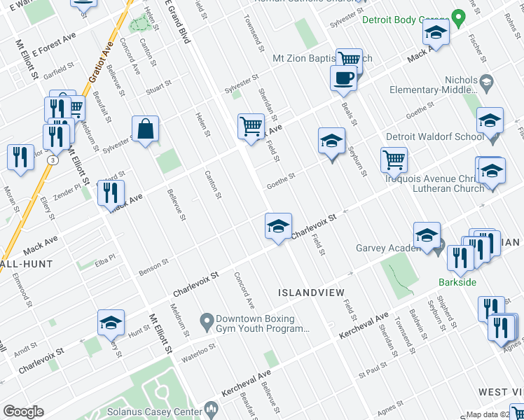 map of restaurants, bars, coffee shops, grocery stores, and more near 677 East Grand Boulevard in Detroit
