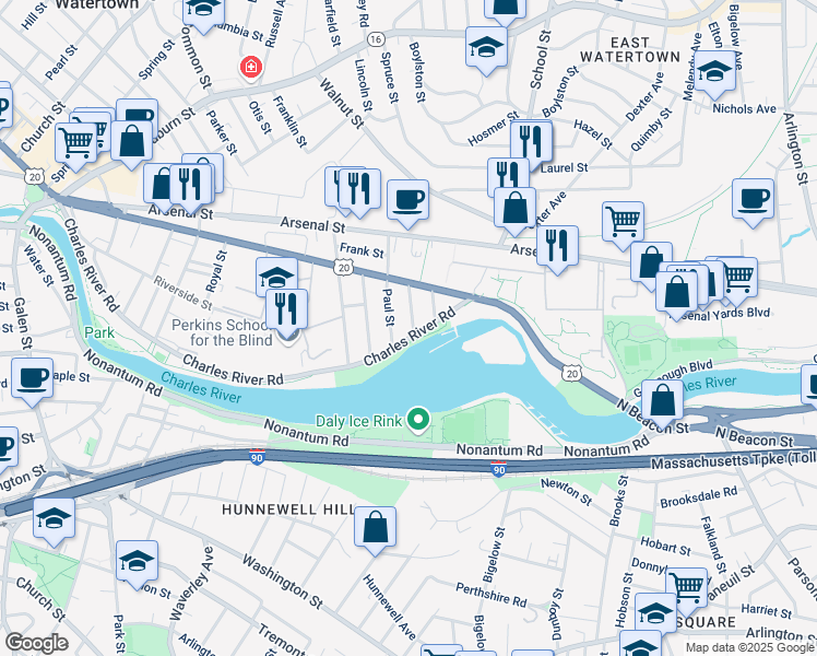 map of restaurants, bars, coffee shops, grocery stores, and more near 360 Charles River Road in Watertown