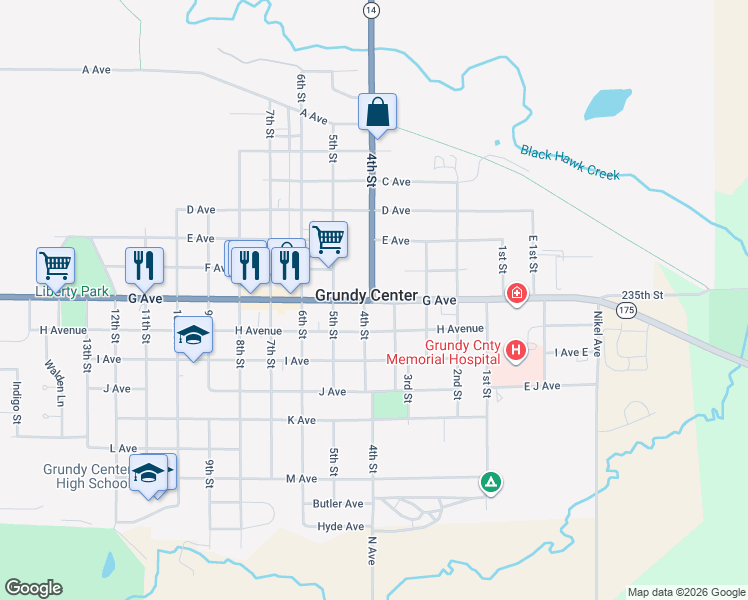 map of restaurants, bars, coffee shops, grocery stores, and more near 399 G Ave in Grundy Center