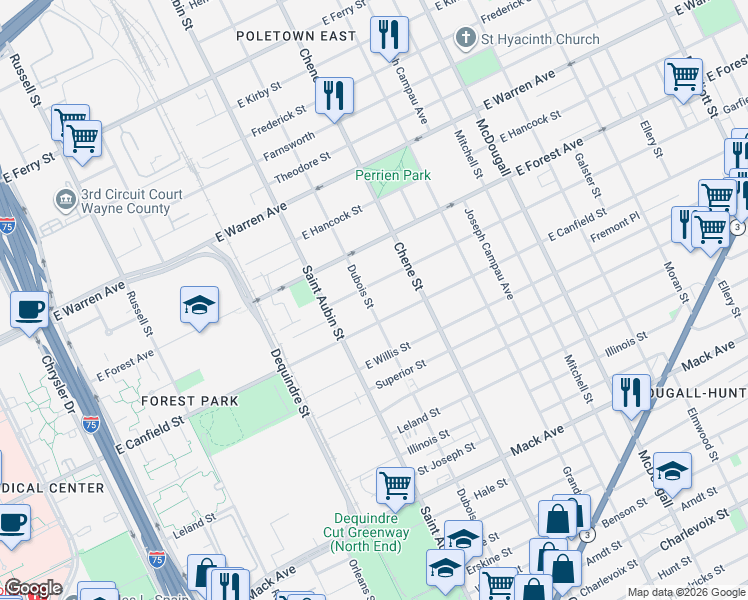 map of restaurants, bars, coffee shops, grocery stores, and more near 4444 Dubois Street in Detroit