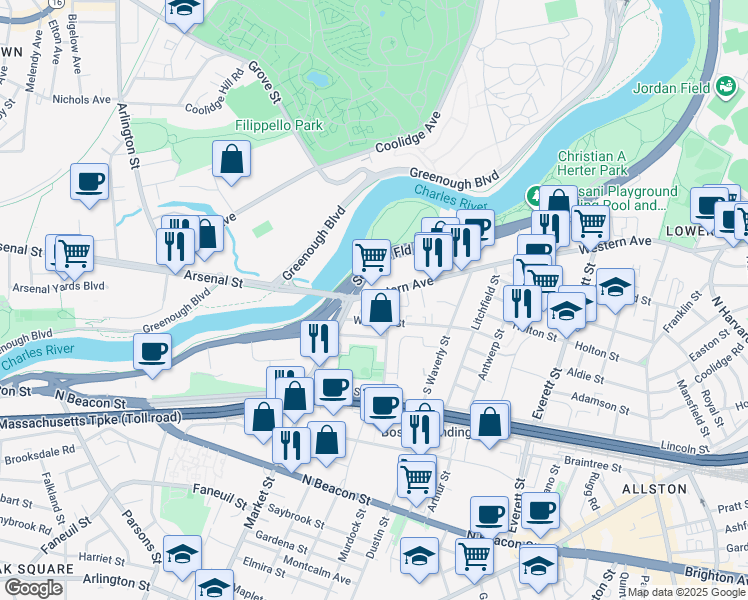 map of restaurants, bars, coffee shops, grocery stores, and more near 530 Western Avenue in Boston