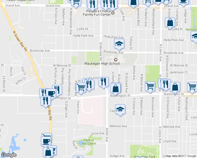 map of restaurants, bars, coffee shops, grocery stores, and more near 100 North McAree Road in Waukegan