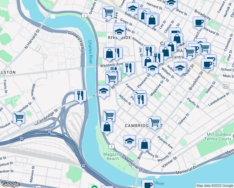 map of restaurants, bars, coffee shops, grocery stores, and more near 340 Putnam Avenue in Cambridge