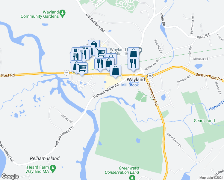 map of restaurants, bars, coffee shops, grocery stores, and more near 86 Pelham Island Road in Wayland
