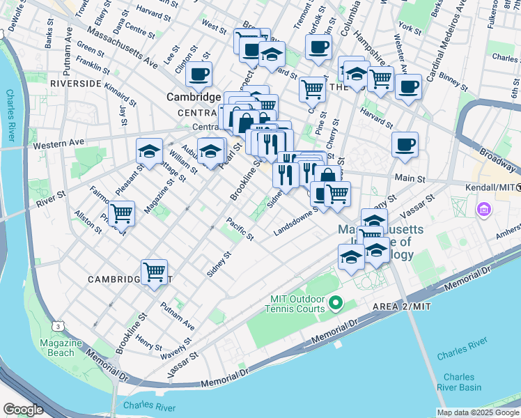 map of restaurants, bars, coffee shops, grocery stores, and more near 65 Sidney Street in Cambridge