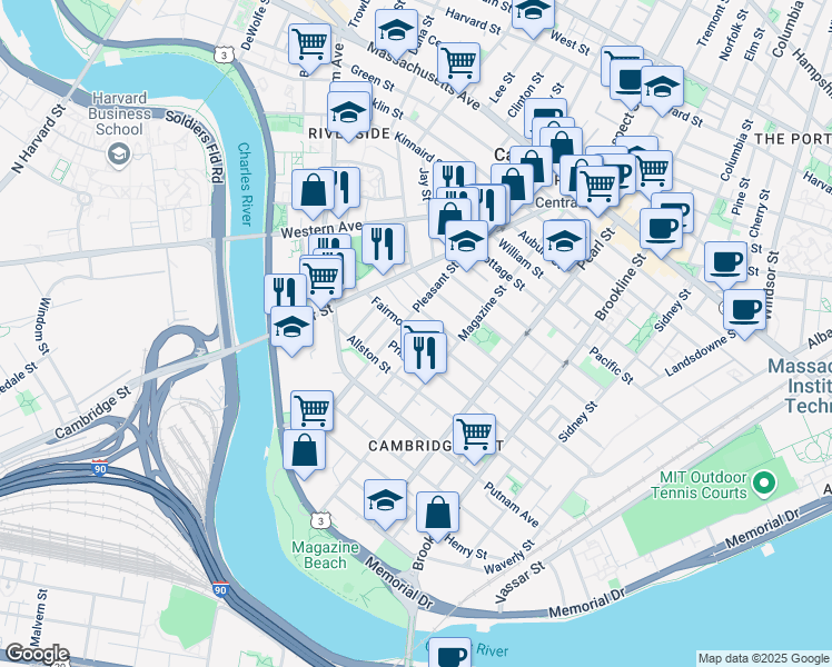 map of restaurants, bars, coffee shops, grocery stores, and more near 25 Fairmont Street in Cambridge
