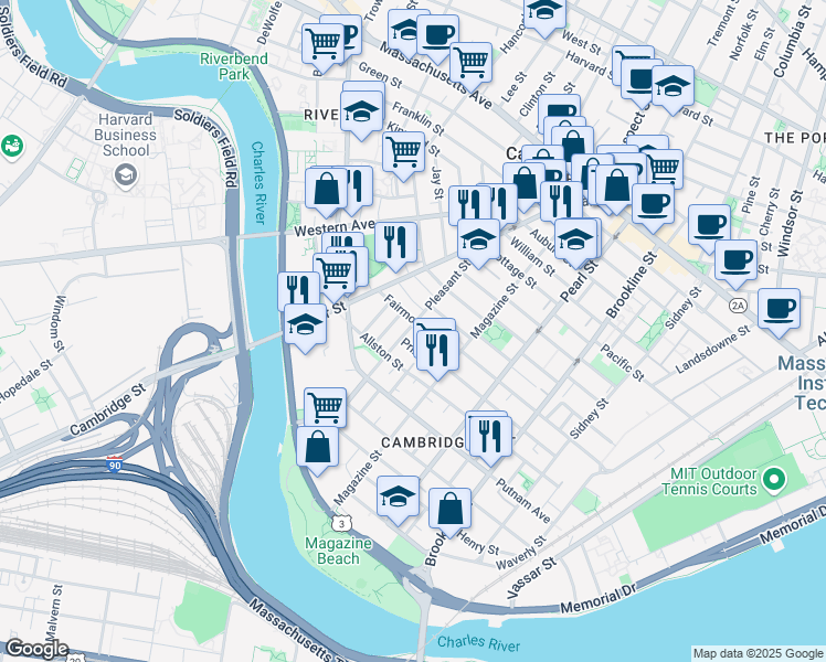 map of restaurants, bars, coffee shops, grocery stores, and more near 25 Fairmont Street in Cambridge