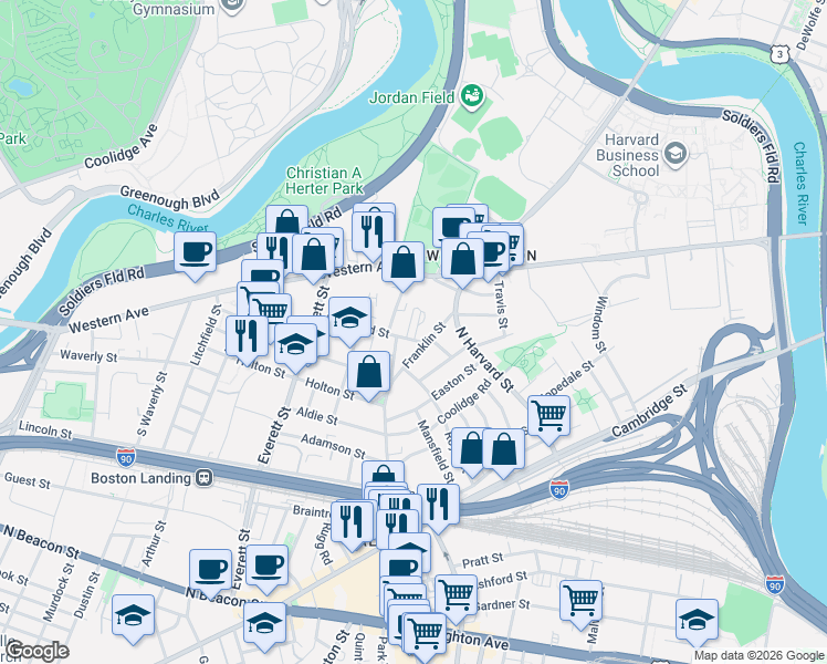 map of restaurants, bars, coffee shops, grocery stores, and more near 158-160 Franklin Street in Boston