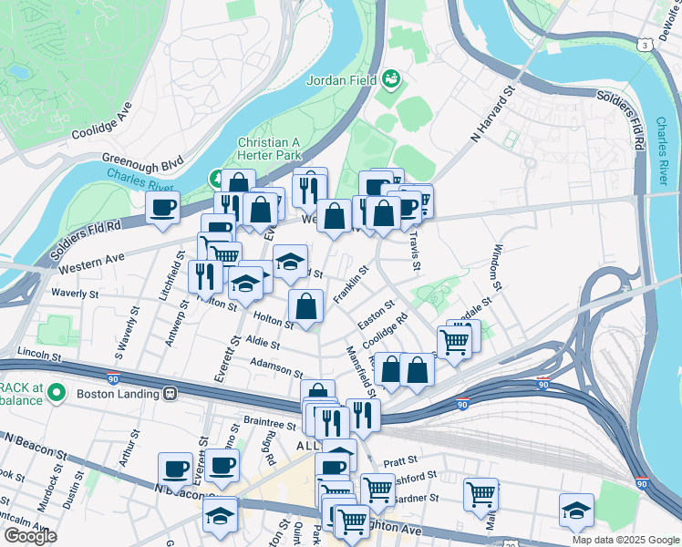 map of restaurants, bars, coffee shops, grocery stores, and more near 158-160 Franklin Street in Boston