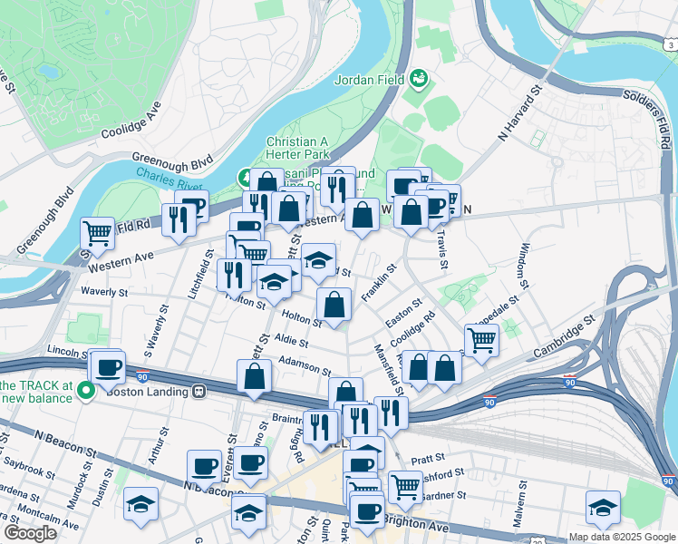 map of restaurants, bars, coffee shops, grocery stores, and more near 57 Riverdale Street in Boston