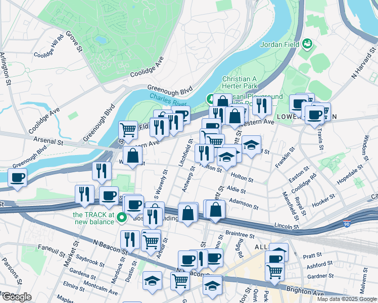 map of restaurants, bars, coffee shops, grocery stores, and more near 96 Litchfield Street in Boston