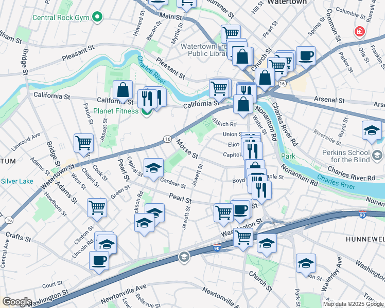 map of restaurants, bars, coffee shops, grocery stores, and more near 105 Union Street in Watertown