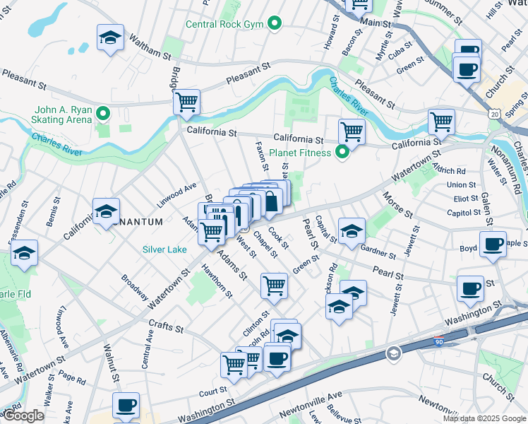 map of restaurants, bars, coffee shops, grocery stores, and more near 308 Watertown Street in Newton