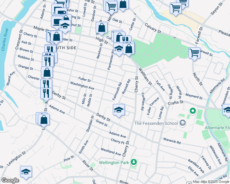 map of restaurants, bars, coffee shops, grocery stores, and more near 64 Falmouth Road in Newton