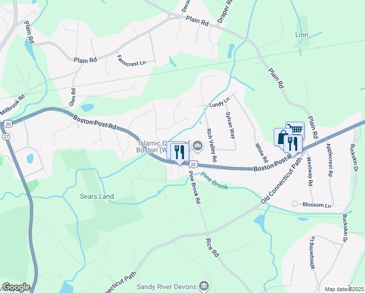 map of restaurants, bars, coffee shops, grocery stores, and more near 136 Boston Post Road in Wayland